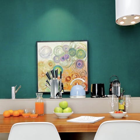 The bright, colourful kitchen